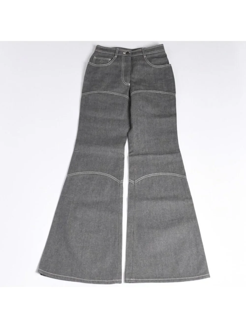 Chanel Flare Bell Denim Pants CC Logo Rhinestone Gray Bootcut White Stitch